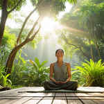 A serene individual practicing mindful meditation outdoors in Vietnam. They are seated in a peaceful garden with lush greenery, focusing on their breath with a gentle smile. Sunlight filters through the trees, creating a calming atmosphere. This image represents the journey of self-discovery and finding peace within.