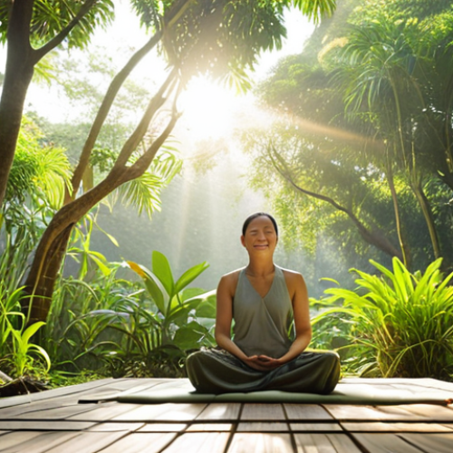 A serene individual practicing mindful meditation outdoors in Vietnam. They are seated in a peaceful garden with lush greenery, focusing on their breath with a gentle smile. Sunlight filters through the trees, creating a calming atmosphere. This image represents the journey of self-discovery and finding peace within.