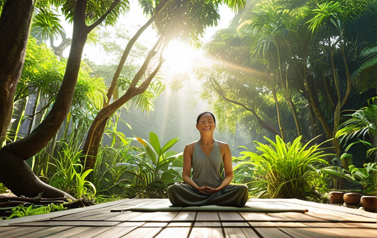 A serene individual practicing mindful meditation outdoors in Vietnam. They are seated in a peaceful garden with lush greenery, focusing on their breath with a gentle smile. Sunlight filters through the trees, creating a calming atmosphere. This image represents the journey of self-discovery and finding peace within.